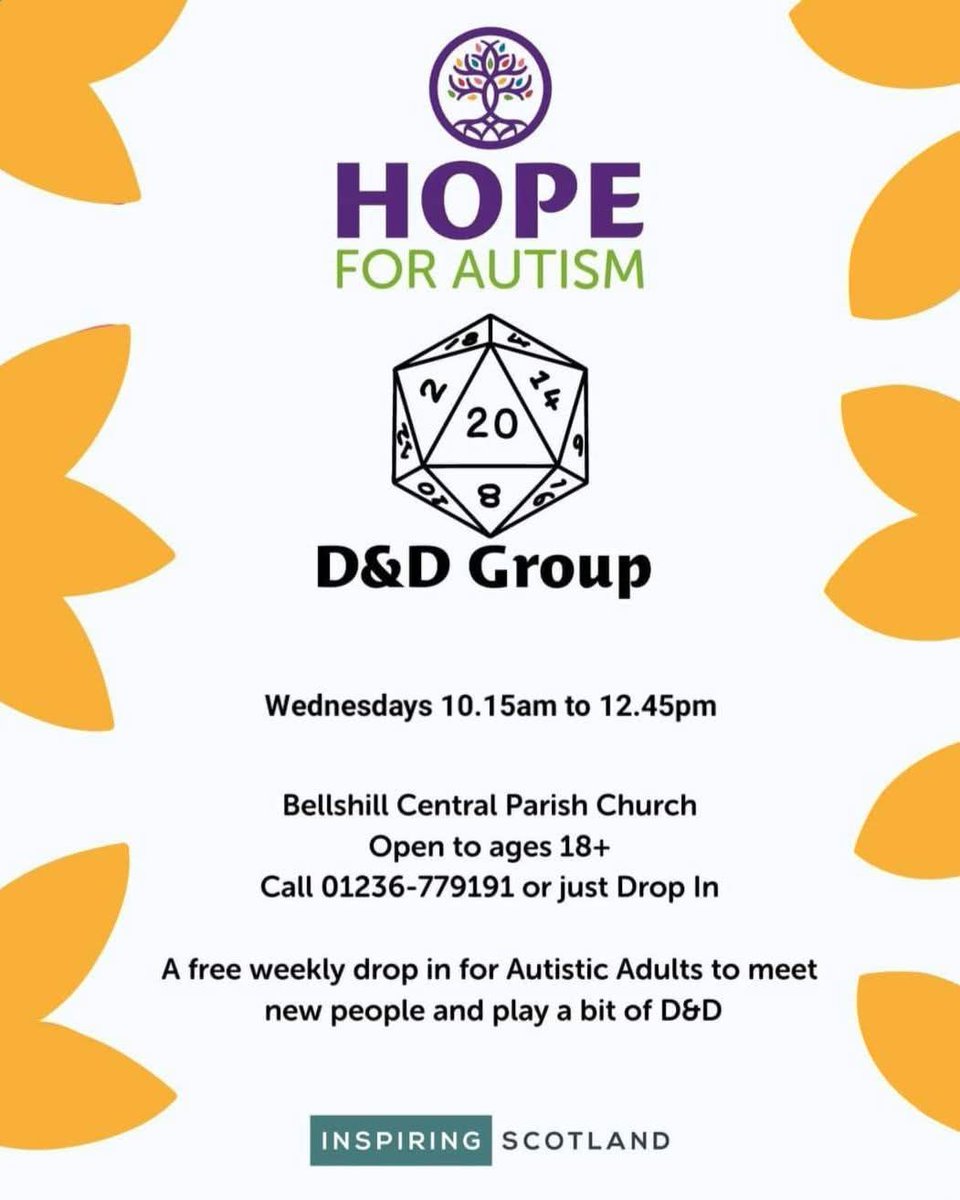 Bellshill Central Parish Church (@bellshillchurch) on Twitter photo Our friends from Hope meet this morning for another Dungeons and Dragons session. All are welcome. For more information, contact hope@hopeforautism.org.uk
Or come along in person and meet the leader
#bellshillchurch #thisischurch #community #bellshill #autism #awareness #welcome Our friends from Hope meet this morning for another Dungeons and Dragons session. All are welcome. For more information, contact hope@hopeforautism.org.uk
Or come along in person and meet the leader
#bellshillchurch #thisischurch #community #bellshill #autism #awareness #welcome