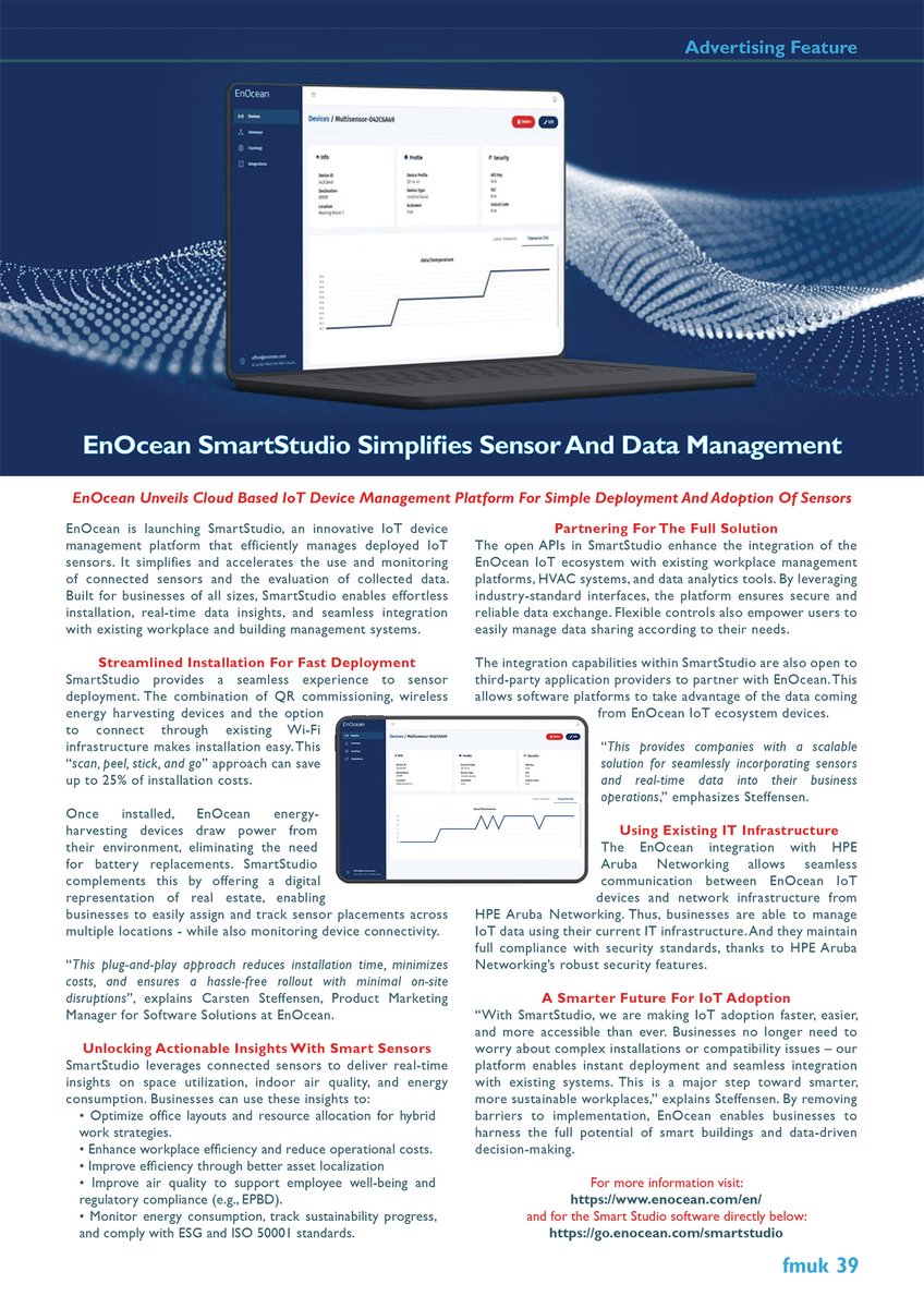 Latest Issue 📰: EnOcean's SmartStudio is an #innovative IoT #DeviceManagement platform that efficiently manages deployed #IoT sensors, simplifying the evaluation of collected #data.

➡️fmuk-online.co.uk/enocean-smarts…
#facman #FacilitiesManagement #data #buildings #workplace #efficiency