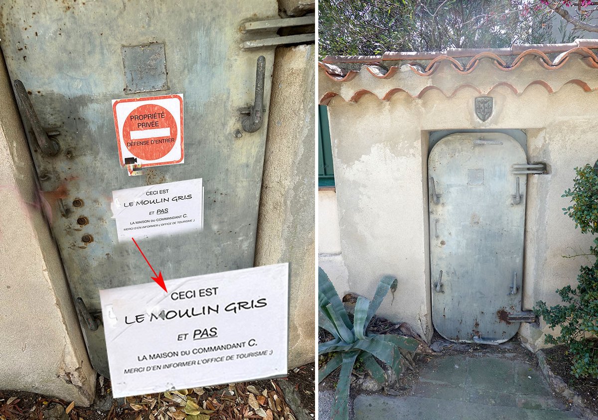 jpCassely's tweet photo. Chemin  de la Colline à Sanary. On croit à tort que cette porte de sous-marin  était celle de la villa du commandant Cousteau, mais non ! comme  l'affiche le propriétaire de Moulin Gris. La maison Cousteau est plus  loin : "Baobab" https://t.co/6LZzk7VlN6