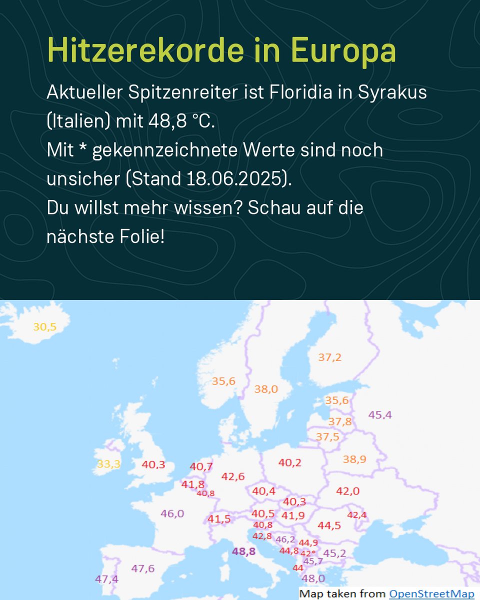 GeoSphere_AT's tweet image. Auf der Karte seht ihr die Hitzerekorde in Europa - ob da wohl dieses Jahr einer fällt?🥵🌡
Wir haben zum Thema Hitzerekorde auch einen Wissensflash aufgenommen (Seite 2). Das solltet ihr euch unbedingt anhören! 🎧🎙
Hier der Link direkt zur Folge: geosphere.at/de/aktuelles/p…