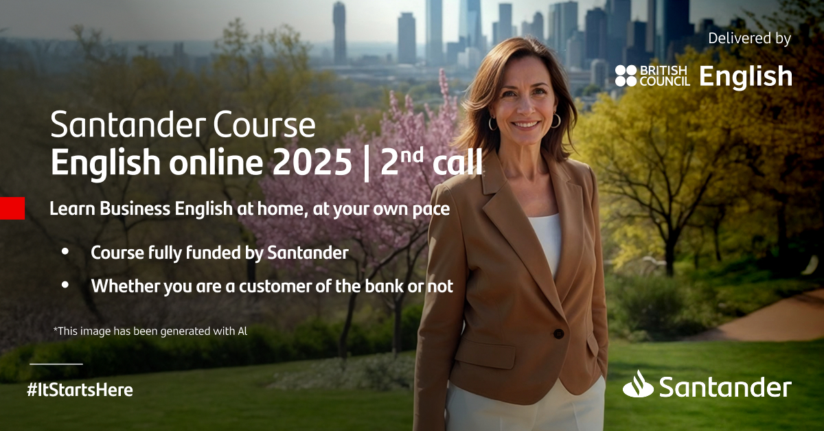 British Council (@esbritish) on Twitter photo Is English still on your to-do list? The second edition of the Santander English Online Course 2025 is here – an eight-week programme tailored to your level, with practical exercises, available through <a href="/SantanderOA/">Santander Open Academy</a> and created by us!
Sign up now: ow.ly/rW1x50W1sML Is English still on your to-do list? The second edition of the Santander English Online Course 2025 is here – an eight-week programme tailored to your level, with practical exercises, available through <a href="/SantanderOA/">Santander Open Academy</a> and created by us!
Sign up now: ow.ly/rW1x50W1sML