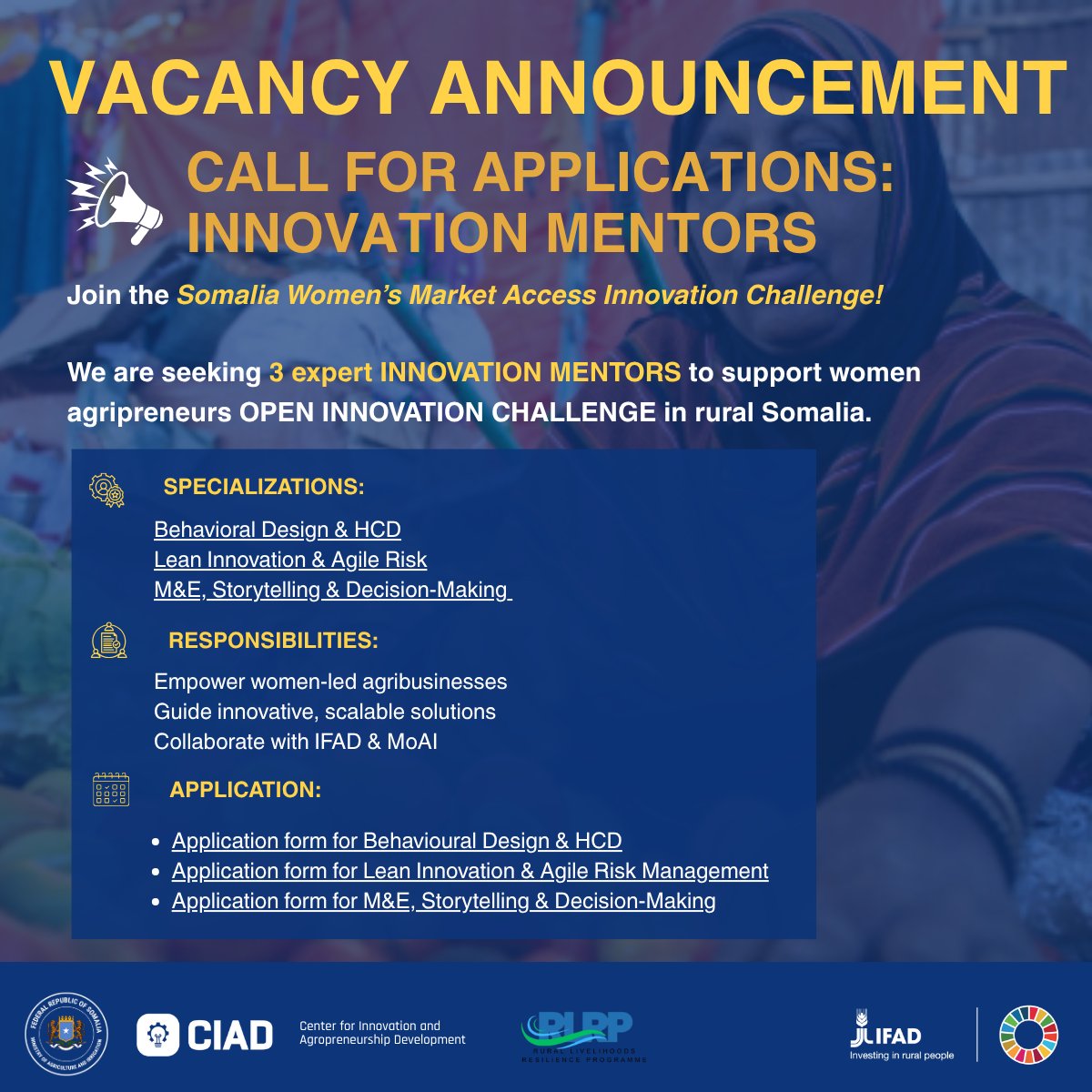 📢 We’re hiring mentors! Join the #SomaliaOpenInnovationChallenge to empower women agripreneurs 🇸🇴

Are you an expert in:
🔹 Behavioral Design
🔹 Lean Innovation
🔹 M&amp;E + Storytelling?
Be a part of real change. 🌾 Lead, coach &amp; shape scalable solutions.
🔗 Apply now:
Mentor 1: