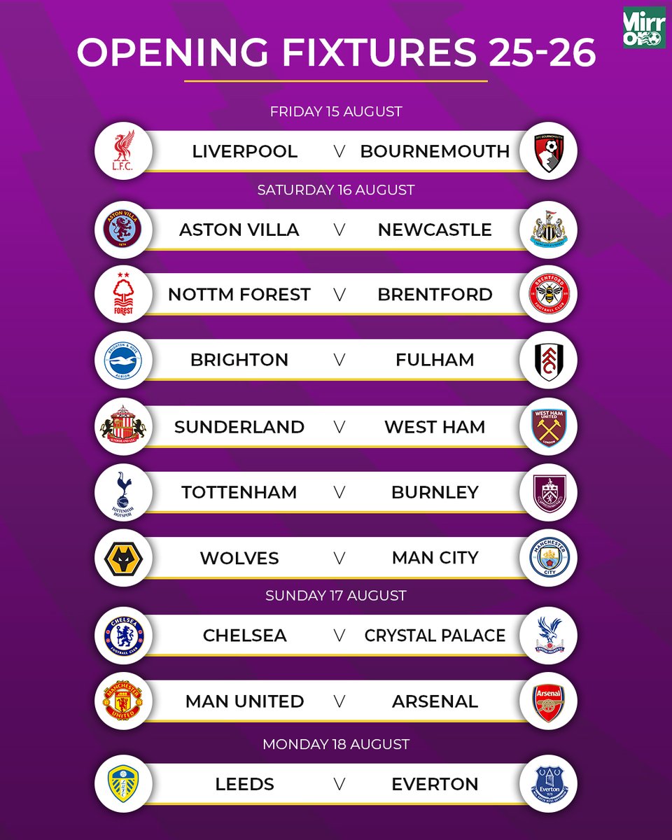 🚨📆 Premier League 2025-26 opening weekend fixtures