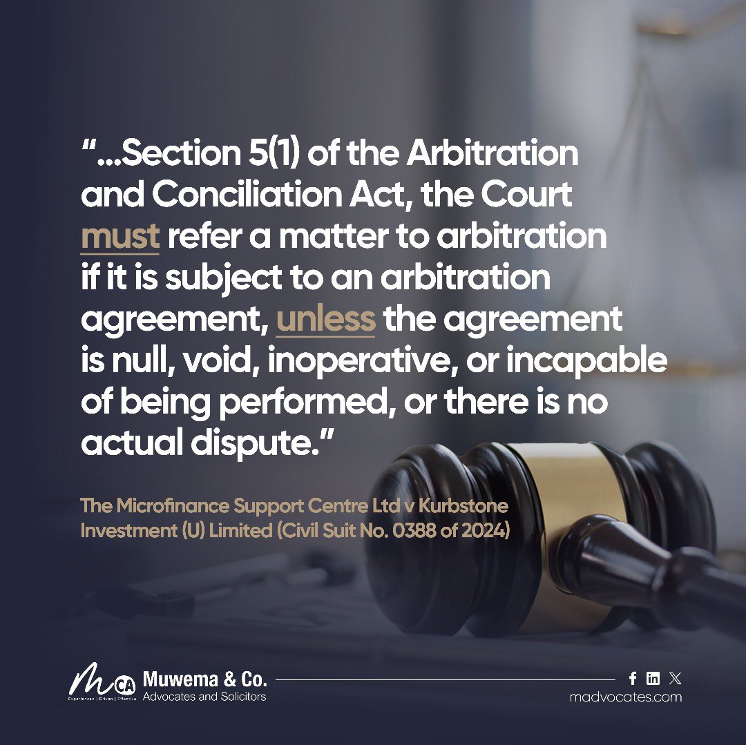 MuwemaLaw's tweet image. The High Court recently affirmed a key principle: if your contract has an arbitration clause, that’s where disputes go. A strong reminder of party autonomy and sticking to agreed dispute resolution mechanisms!
Learn more: bit.ly/4mSJ4Ku