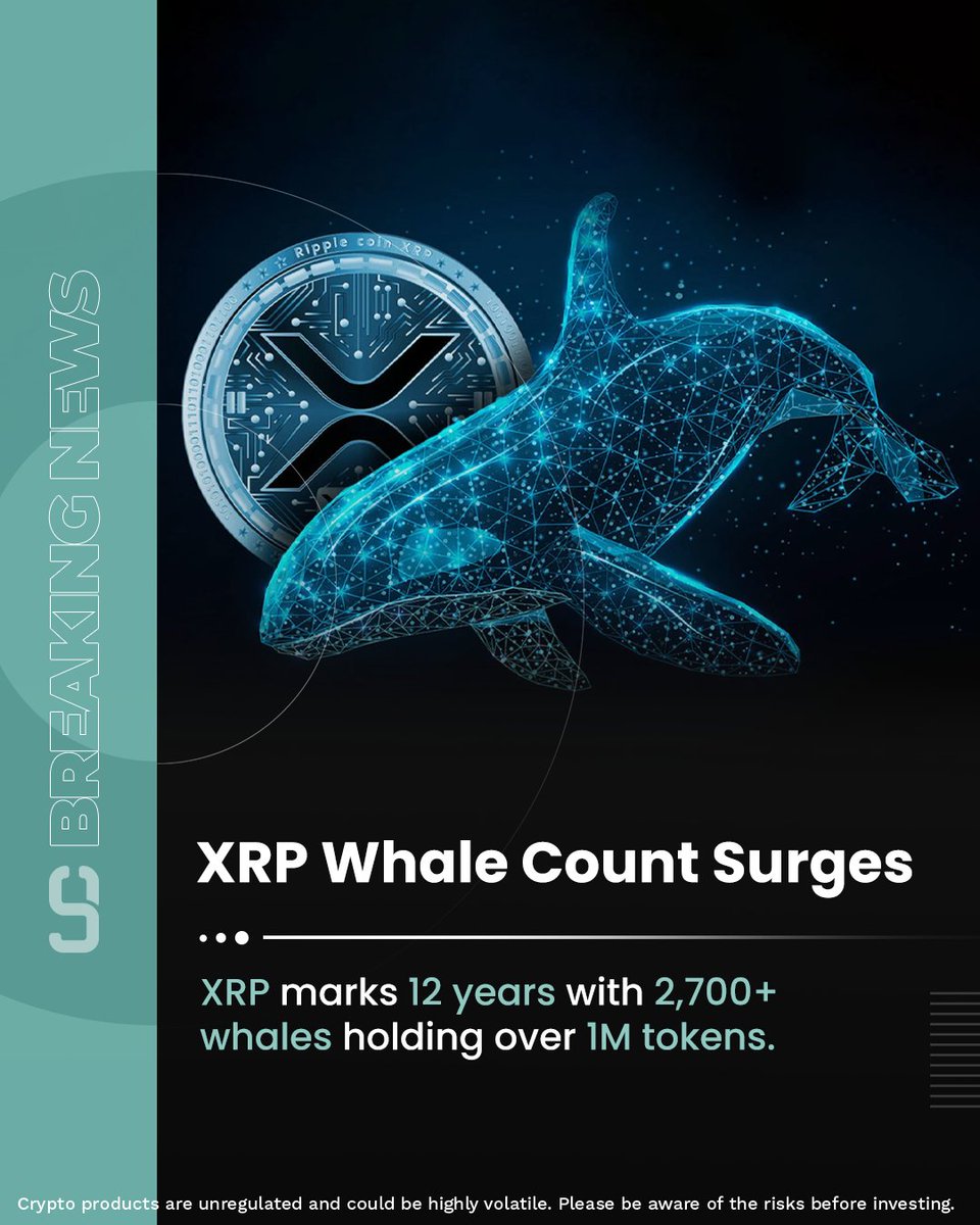 XRP Whale Count Surges! 
As XRP celebrates 12 years, the network sees a massive rise in whale activity. 2,700+ wallets now hold over 1 million XRP each!

Growing confidence, Major accumulation, Bullish signals ahead? Is XRP gearing up for its next big wave?

#XRP #CryptoNews