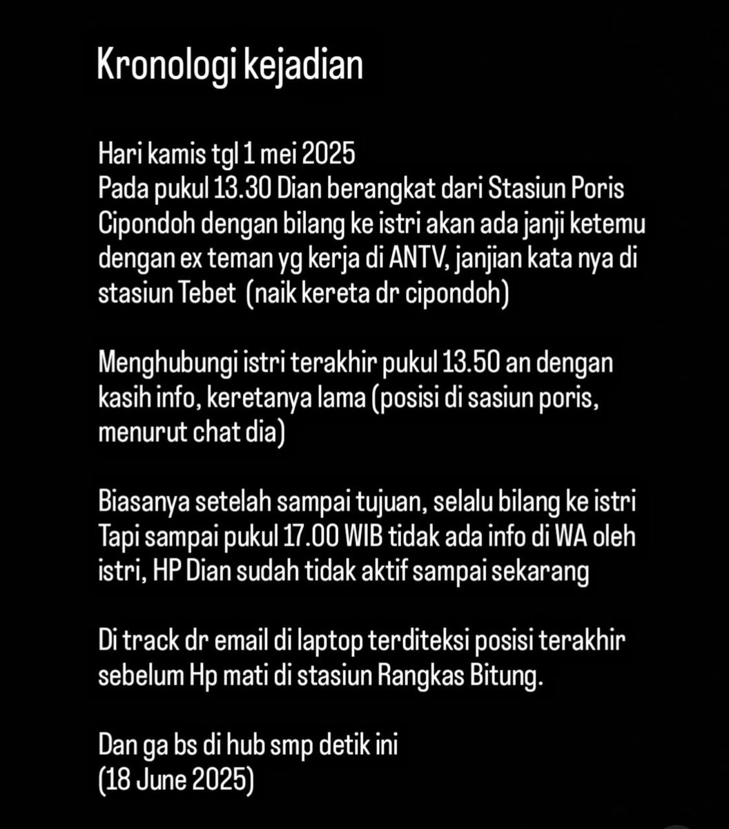 Twitter please do your magic! 
Mohon bantuannya, teman saya menghilang sejak tanggal 1 Mei, kronologi terlampir. Istri dan ketiga anaknya masih mencari 🥲