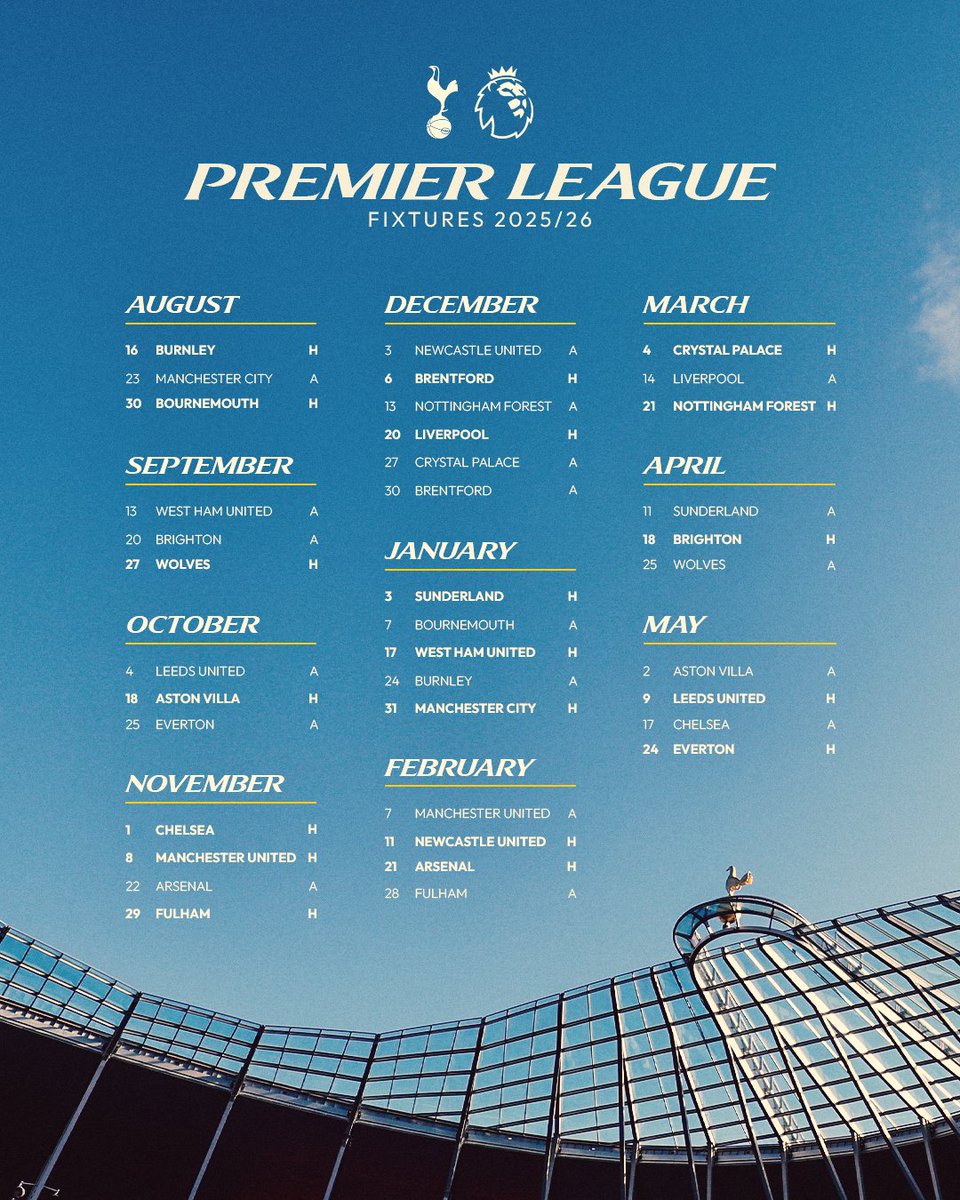 出ました 2025/26 プレミアリーグ試合日程 🗓️

開幕戦は8月16日
ホームでのバーンリー戦です🔥

#SpursJP