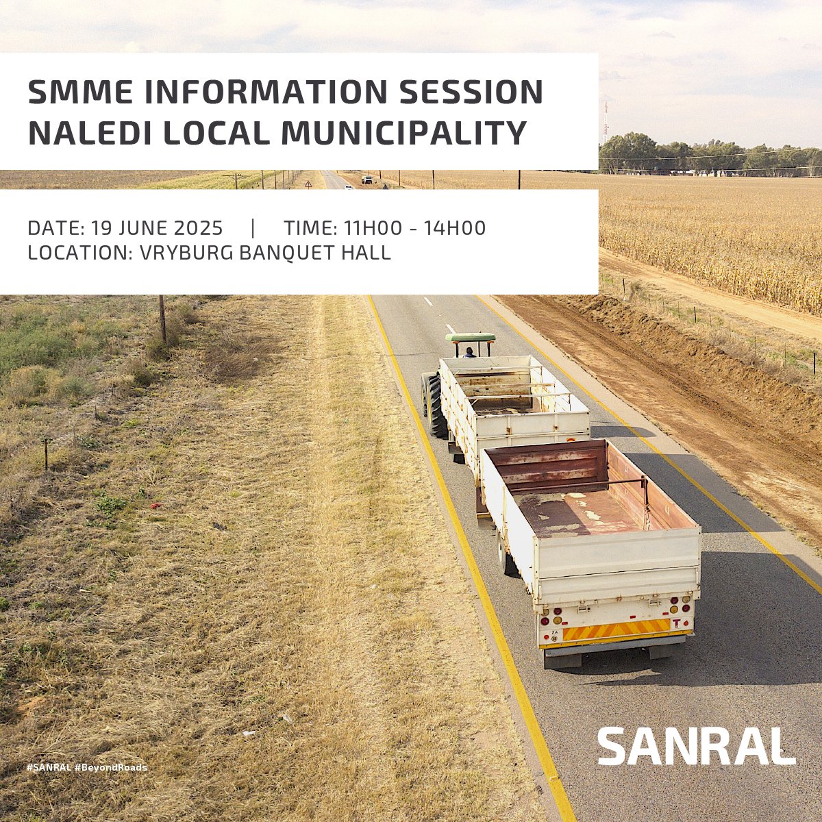 SANRAL_za's tweet photo. SANRAL is heading to Naledi Local Municipality for an SMME Information Session on Thursday, 19 June 2025, 11:00–14:00.

Learn about new N18 projects, RRM updates, sub-contracting and labour opportunities for local businesses.

#SANRAL 
#NorthWest
#SMMEInformationSession https://t.co/nRUSkuiy2w