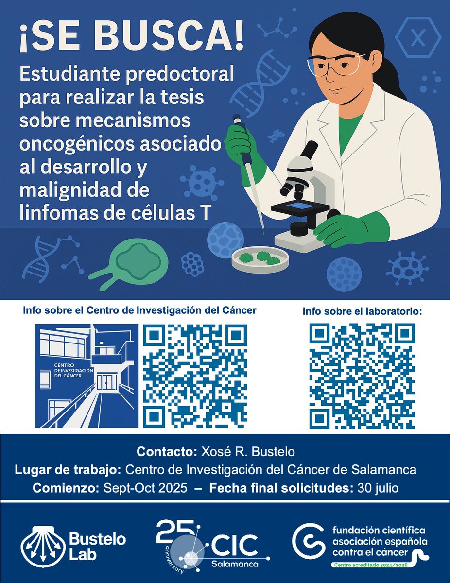 Xose R Bustelo (@xrbustelo) on Twitter photo ✅ Estamos buscando una persona para realizar la tesis en nuestro laboratorio del <a href="/ciccancer/">Centro de Investigación del Cáncer/CSIC-USAL-FICUS</a> de #Salamanca. <a href="/usal/">Universidad de Salamanca</a> <a href="/CSIC/">CSIC</a> <a href="/ASEICAnews/">ASEICA</a> <a href="/SEBBM_es/">SEBBM</a> <a href="/sehh_es/">@sehh_es</a> ✅ Estamos buscando una persona para realizar la tesis en nuestro laboratorio del <a href="/ciccancer/">Centro de Investigación del Cáncer/CSIC-USAL-FICUS</a> de #Salamanca. <a href="/usal/">Universidad de Salamanca</a> <a href="/CSIC/">CSIC</a> <a href="/ASEICAnews/">ASEICA</a> <a href="/SEBBM_es/">SEBBM</a> <a href="/sehh_es/">@sehh_es</a>