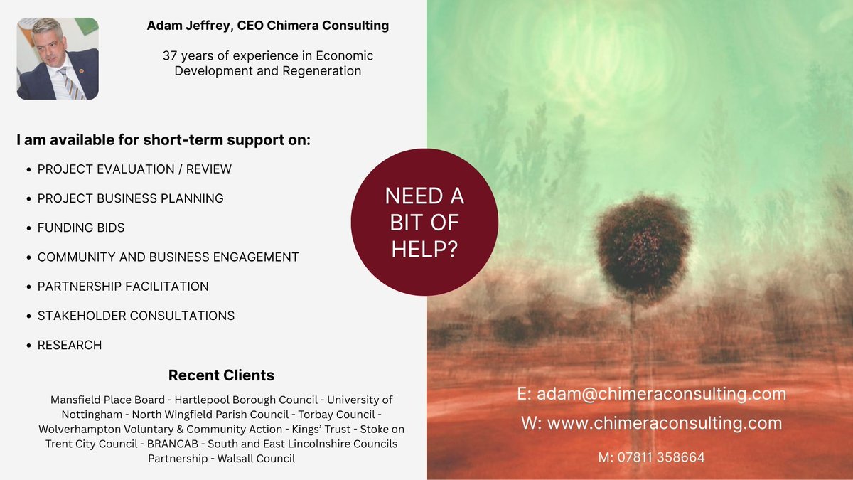 Chimera Consulting (@chimeraconsult1) on Twitter photo Any #EconDev organisations and partnerships, #Universities and #NonProfits needing some help? Do get in touch.
#Regeneration
#Neighbourhoods
#NEETs Any #EconDev organisations and partnerships, #Universities and #NonProfits needing some help? Do get in touch.
#Regeneration
#Neighbourhoods
#NEETs