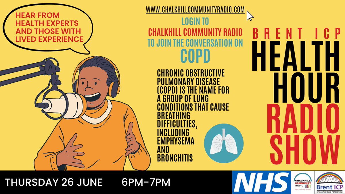 🎙️ Health hour on Chalkhill Community Radio is back! 

💬 Tune in to hear from health experts and those with lived experiences as we discuss COPD - a group of lung conditions that cause breathing difficulties including emphysema and bronchitis.

🗓️ Thursday 26 June 
⏰ 6pm - 7pm