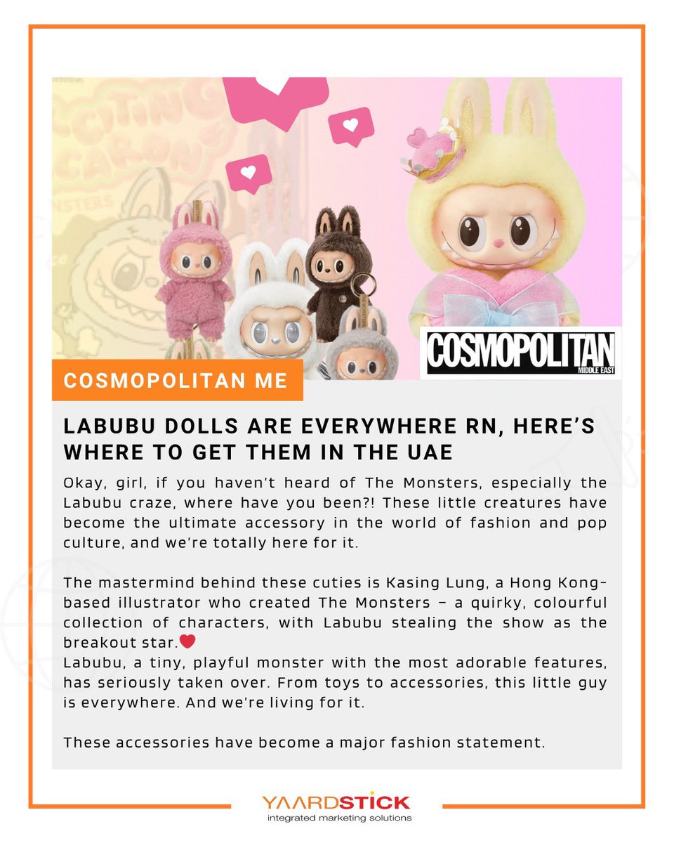 YardstickMM's tweet photo. The Labubu craze hit Dubai and we helped make it viral. 🎉

Our PR for The Little Things exclusive drop secured top media buzz + captured hearts.

That’s the power of story + strategy.

#LabubuInDubai #YardstickMarketing #TheYardstickEffect https://t.co/acPzUzPGkc