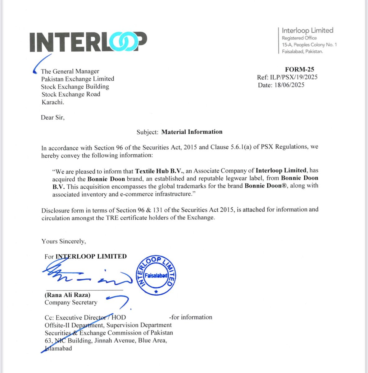 📢 Big News from INTERLOOP - #ILP

Textile Hub B.V., an associate company of Interloop Limited, has officially acquired the global Bonnie Doon® brand — a well-known and reputable legwear label,including its trademarks, inventory &amp; e-commerce setup. 

Source : PSX ANNOUNCEMENT
