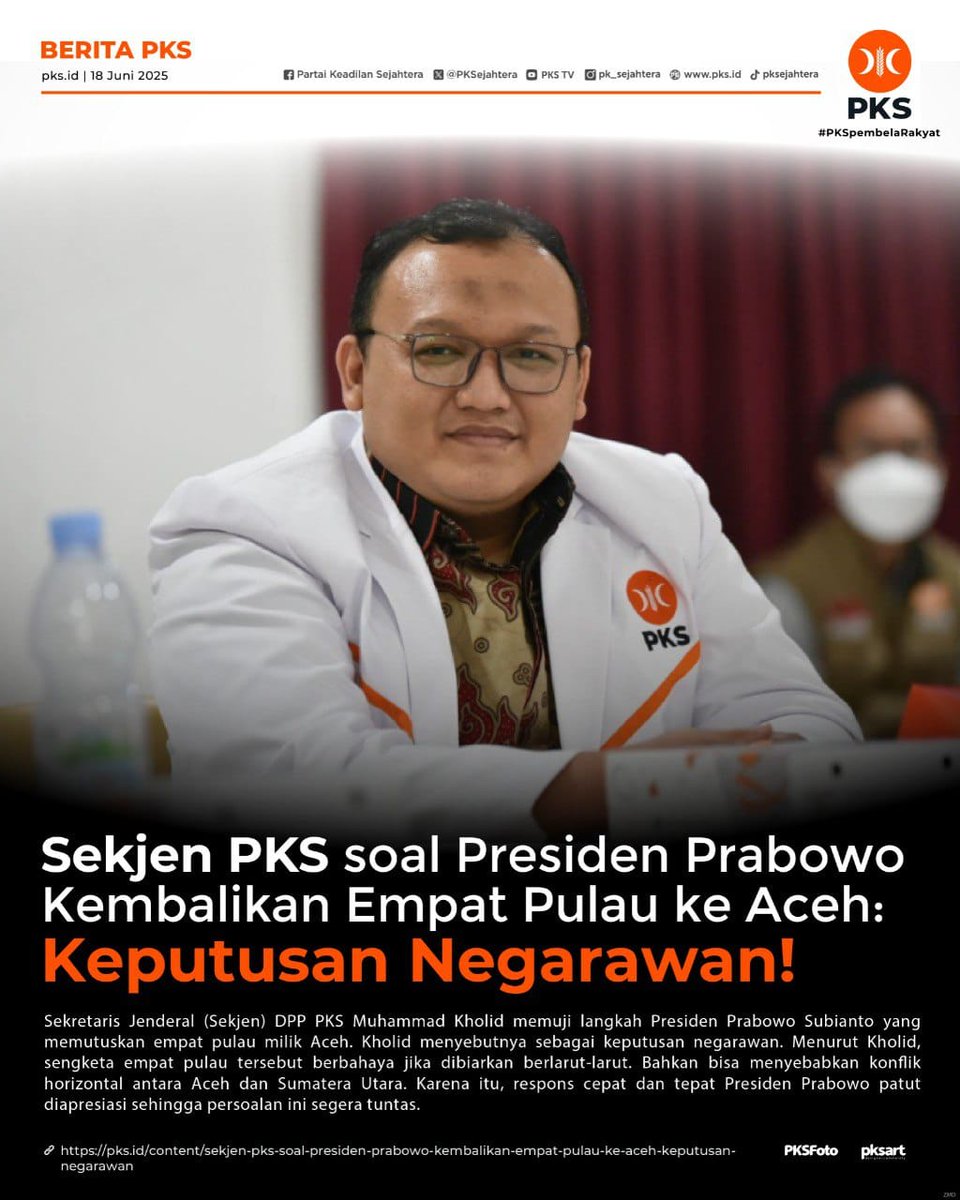 PKSejahtera's tweet image. Sekjen PKS soal Presiden Prabowo Kembalikan Empat Pulau ke Aceh: Keputusan Negarawan!

"Respons cepat dan tepat Presiden Prabowo patut diapresiasi sehingga persoalan ini segera tuntas." ~Muhammad Kholid

pks.id/content/sekjen…