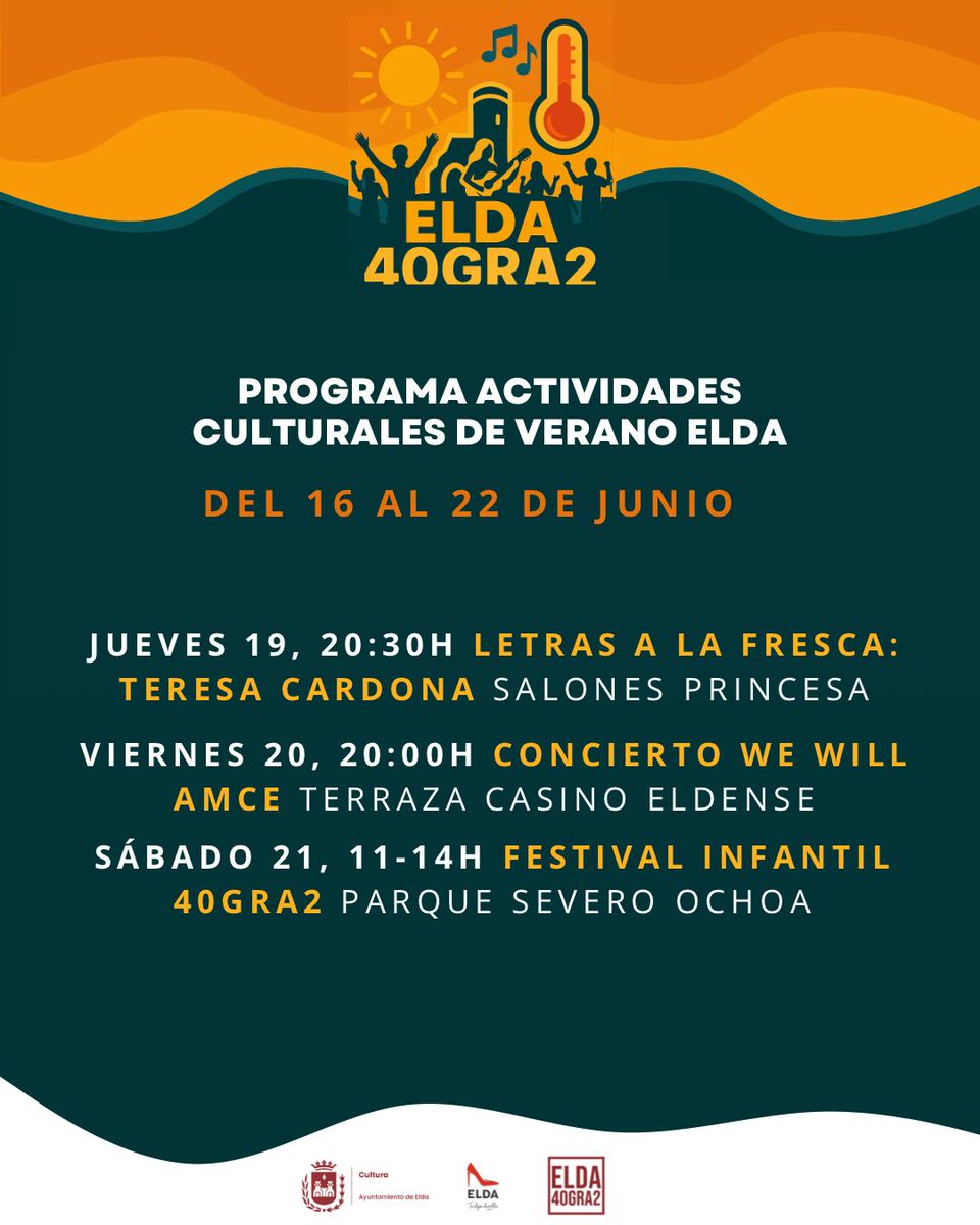 Aquí os dejamos las actividades del fin de semana incluidas en el Elda40gra2 ☀️🌡️

👉🏻 Jueves: Letras a la fresca 📚
👉🏻 Viernes: Concierto "We will AMCE" 🎼
👉🏻 Sábado: Festival Infantil 🎉

#Elda #Elda40gra2