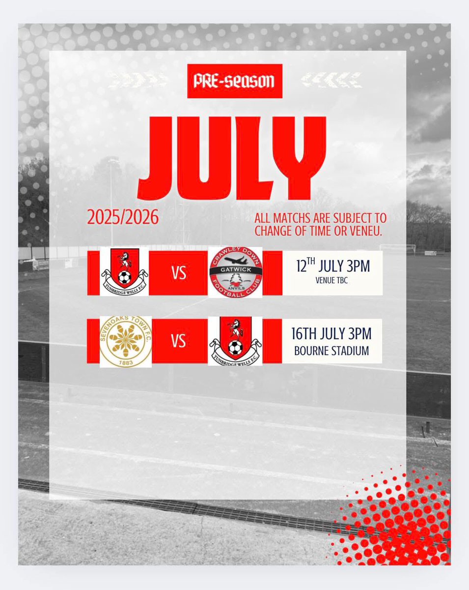 🔴⚪️2025/26 PRE SEASON 🔴⚪️

In just a little under two weeks time the boys will be back at it .

We look forward to seeing you all on the sidelines ⚽️❤️🤍

**TBC Venues will be confirmed and posted on all socials .