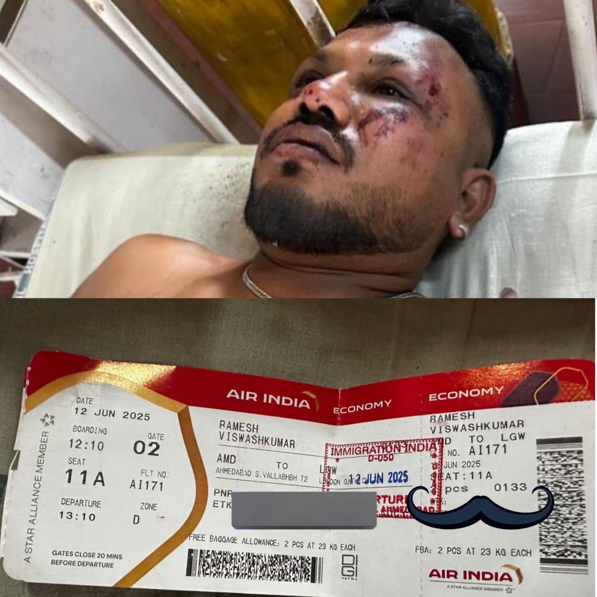 Glowewrite's tweet photo. Arrested after surviving plane crash?
He was seen loitering near the cargo bay hours before takeoff, holding a metallic briefcase never checked in.
13 mins after Air India Flight AI-171 left Mumbai, it crashed. 189 dead.
Only Vikrant Mehra survived.
#AirIndia #AI171 #PlaneCras https://t.co/QdiMEDUWzn