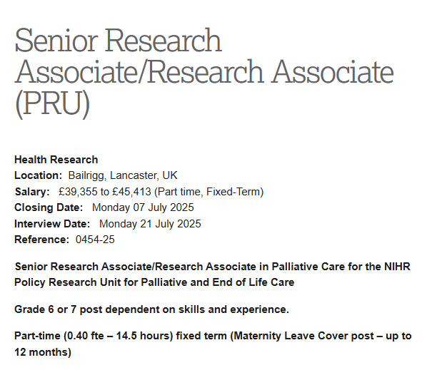 IOELC (@ioelc) on Twitter photo 🚨🚨 New job alert! Maternity leave cover post to work with us on the #Palliative and
End of Life Care Policy Research Unit. Fantastic opportunity to work with a team across Lancaster, <a href="/CSI_KCL/">Cicely Saunders Institute at King's</a> and Hull/York Medical School. hr-jobs.lancs.ac.uk/Vacancy.aspx?r… #hpm #hapc 🚨🚨 New job alert! Maternity leave cover post to work with us on the #Palliative and
End of Life Care Policy Research Unit. Fantastic opportunity to work with a team across Lancaster, <a href="/CSI_KCL/">Cicely Saunders Institute at King's</a> and Hull/York Medical School. hr-jobs.lancs.ac.uk/Vacancy.aspx?r… #hpm #hapc