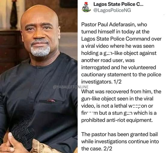 yabaleftonline's tweet photo. "It was not a lethal weap0n or fire@rm, but a stun g*n" - Lagos Police says after interrogating Pastor Paul Adefarain over viral video. https://t.co/d6zMs17v6T