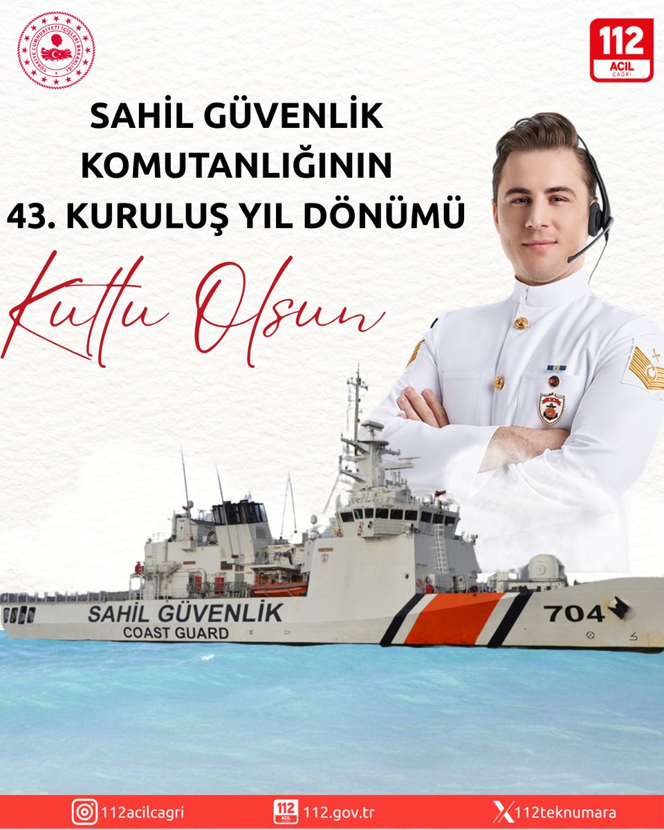 112 Acil Çağrı Merkezi olarak, denizlerimizde güvenliğin teminatı olan vatanımızın maviliklerinde gece gündüz demeden görev yapan tüm personeli ile birlikte Sahil Güvenlik Komutanlığımızın 43. kuruluş yıl dönümünü gururla kutluyoruz.🇹🇷 <a href="/illeridaresi/">İller İdaresi Genel Müdürlüğü</a> <a href="/112teknumara/">112 Acil Çağrı Merkezleri</a>
