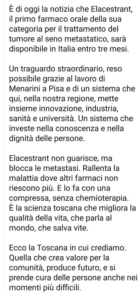 CarlaGommy's tweet photo. "LA #TOSCANA CHE CURA IL FUTURO
Un farmaco nato a #Pisa che blocca il tumore al seno.
È di oggi la notizia che #Elacestrant, il primo farmaco orale [...] per il trattamento del #tumore al #seno metastatico, sarà disponibile in Italia entro tre mesi."❤️
(Segue nello screenshot) https://t.co/Ml0vmyfDnF