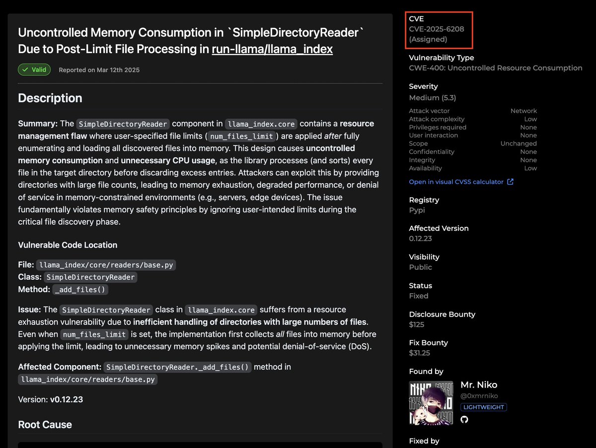 _MrNiko's tweet image. 🚨 Received a new #CVE
CVE-2025-6208 - Uncontrolled Memory Consumption in llama-index (GPT Index)
Bounty: 125$
Severity: Medium (5.3)
Packages: llama_index, llama_index-core
Versions: &amp;lt; 0.12.42

huntr.com/bounties/7d722…
