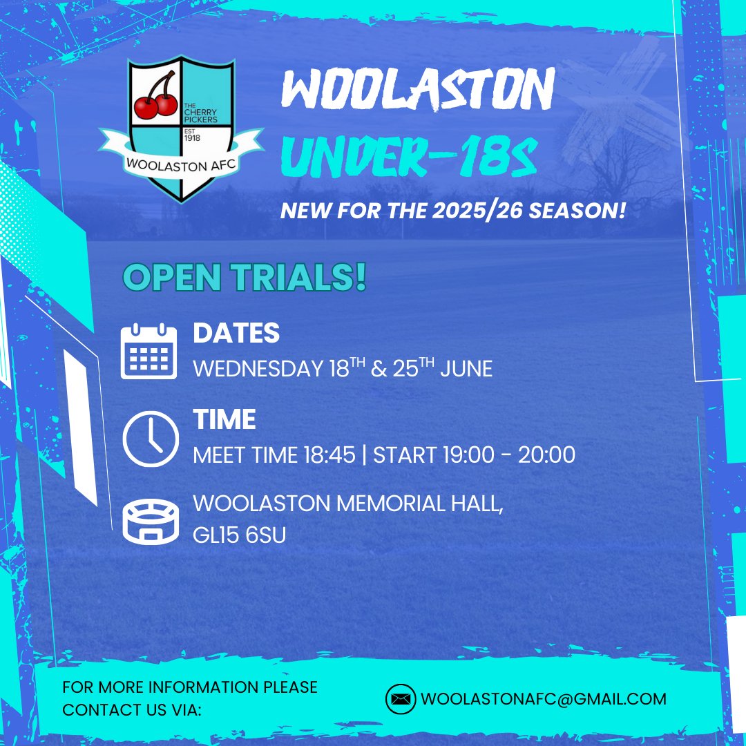 🍒𝗪𝗢𝗢𝗟𝗔𝗦𝗧𝗢𝗡 𝗨𝟭𝟴𝗦🍒

🔥 Trials start 𝙏𝙊𝙉𝙄𝙂𝙃𝙏!

👋🏻 For players looking to continue their progression in youth football, get back into the football pathway, or even start playing for the first time, all experience levels are welcome!

#YouthFootball #Grassroots