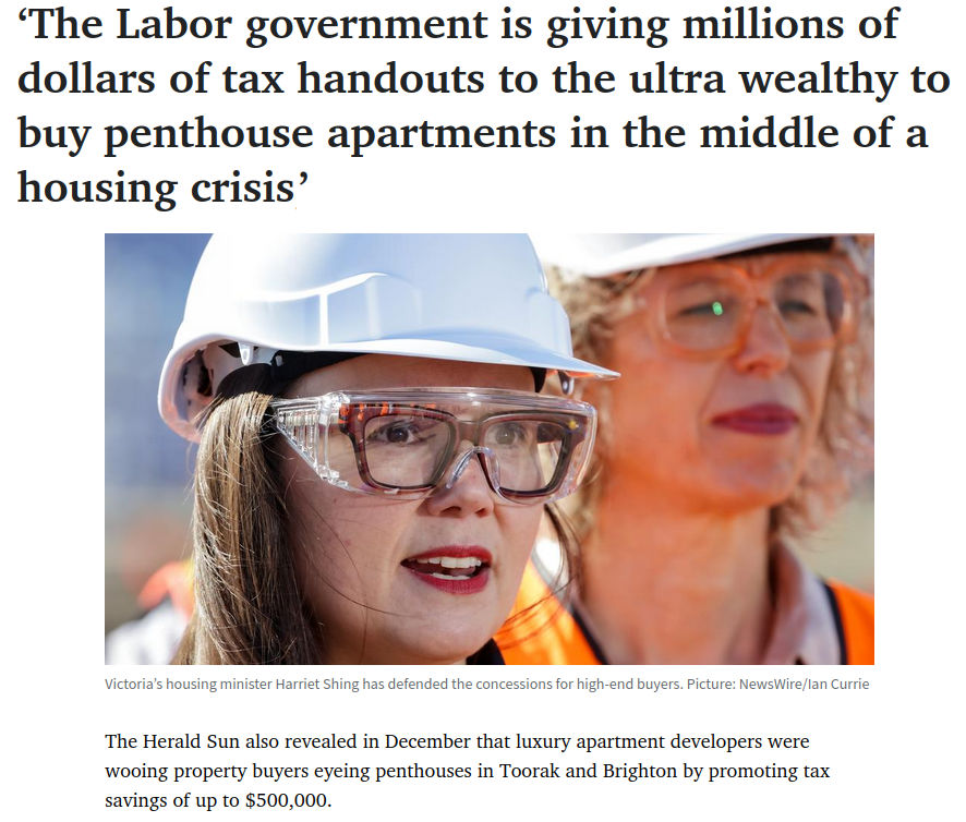 When it comes to clueless ministers in Victoria's government, housing minister Harriet Shing takes the cake.

The dunce forgot to cap the limit for off-the-plan stamp duty concessions, allowing buyers of luxury penthouses in Toorak to save up to $500,000 in tax.

#springst