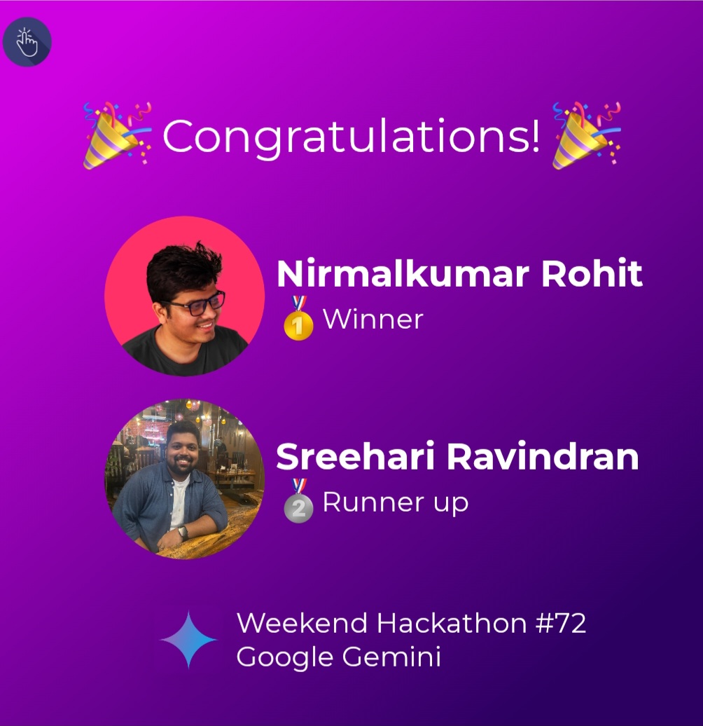 uxhack_co's tweet image. 🏆 Winners of Weekend Hackathon #72 on @GeminiApp challenge are:

🥇 @nirmal_k03 
🥈 Sreehari Ravindran

🥳 Congratulations!

👉🏻 Check out the winning design at: l.uxhack.co/mc5bza

#googlegemini #uxhack #genai #design #productredesign #hackathon