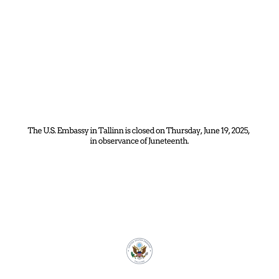 U.S. Embassy Tallinn (@usembtallinn) on Twitter photo The U.S. Embassy is closed on Thursday, June 19, in observance of Juneteenth. The U.S. Embassy is closed on Thursday, June 19, in observance of Juneteenth.