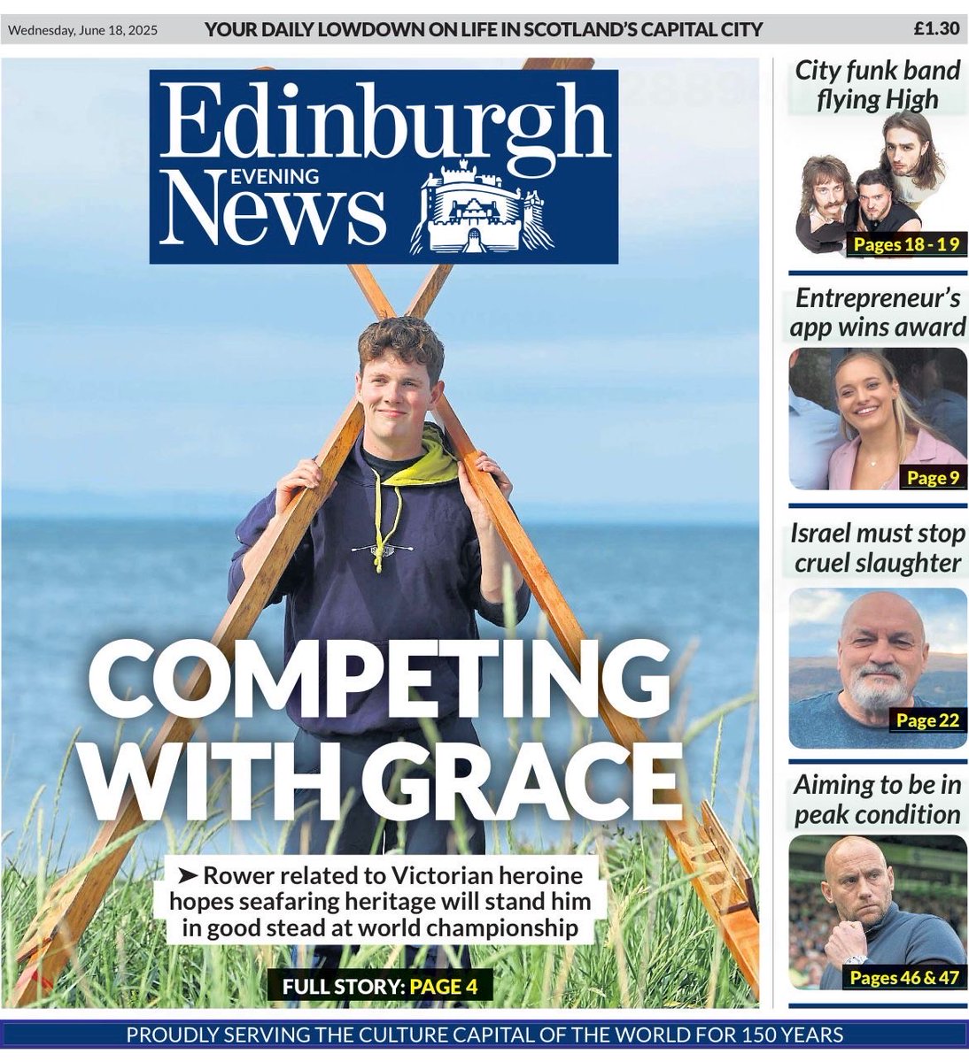 PRing for SkiffieWorlds2025 delighted to see Adam Wilson of Eskmuthe Rowing Club on the front page of <a href="/edinburghpaper/">Edinburgh Evening News</a> he is competing in Stranraer and has discovered he is a distant relation of Victorian heroine, Grace Darling. Thanks to <a href="/ColinHattersley/">Colin Hattersley</a> for the amazing images.