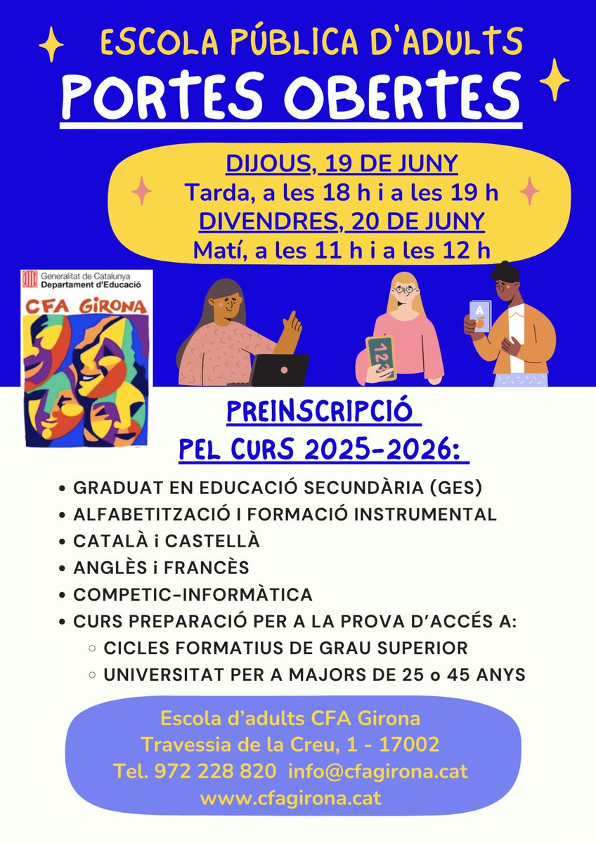 CFA Girona (@cfagirona) on Twitter photo Veniu a les portes obertes aquest dijous i divendres del <a href="/CfaGirona/">CFA Girona</a> i fes la #preinscripció a l’#EscolaAdults #CFA de #Girona amb gairebé #50anys d’experiència. Us esperem! Veniu a les portes obertes aquest dijous i divendres del <a href="/CfaGirona/">CFA Girona</a> i fes la #preinscripció a l’#EscolaAdults #CFA de #Girona amb gairebé #50anys d’experiència. Us esperem!