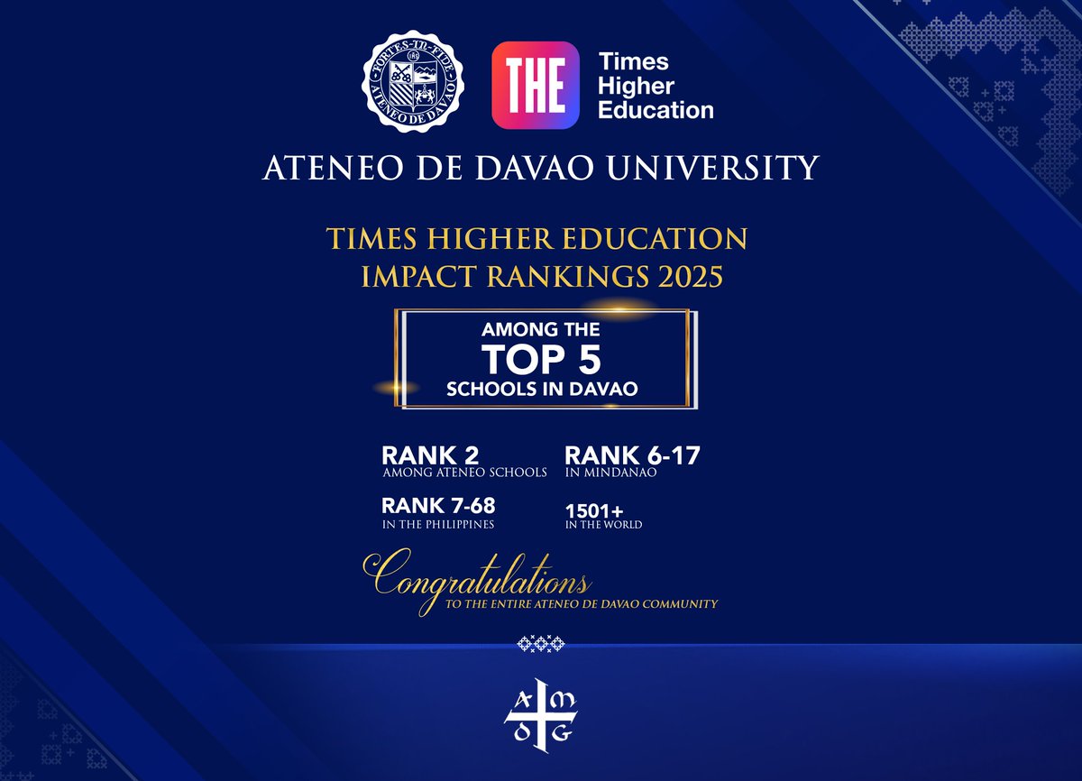 Congratulations to the Ateneo de Davao University on ranking among the Top 5 Schools in the Davao Region, Top 2 among Ateneo Schools, Rank 6-17 in Mindanao, &amp; Rank 7-68 in the Philippines, in the Times Higher Education (THE) Impact Rankings 2025!  

Full: facebook.com/ateneo.dedavao…