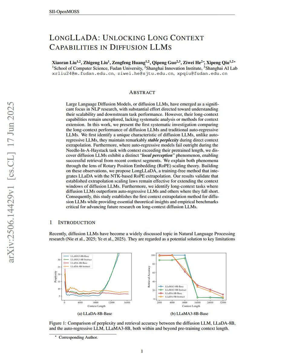 LongLLaDA: Unlocking Long Context Capabilities in Diffusion LLMs

"we propose LongLLaDA, a training-free method that integrates LLaDA with  the NTK-based RoPE extrapolation. Our results validate that established  extrapolation scaling laws remain effective for extending the