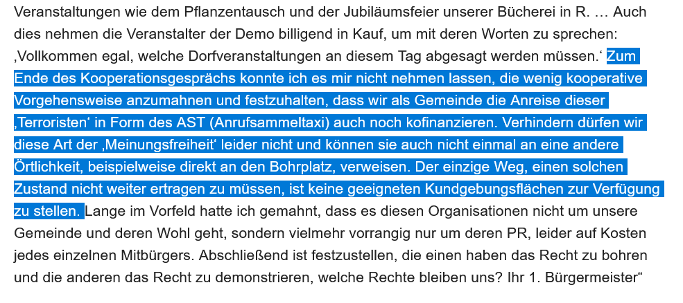 Auch in Bayern gibt es keinen Freibrief für deftige Sprache. Die Bezeichnung von Teilnehmern einer Versammlung als "Terroristen" durch Bürgermeister war dem VG München zuviel Bayerische Deftigkeit.

Tipp für Bürgermeister: Den <a href="/RA_Conrad/">Christian Conrad</a> /Grünewald lesen!
gesetze-bayern.de/Content/Docume…
