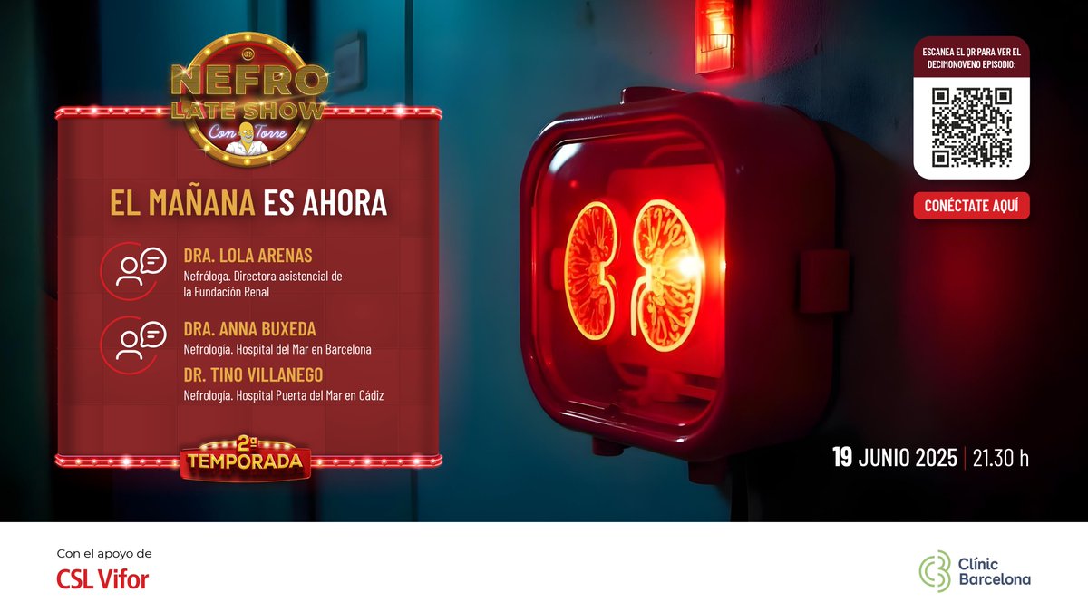 Fed. Nac. ALCER oficial (@fnalcer) on Twitter photo Ya llega el episodio 19 del Nefro Late Show con <a href="/torreandfriends/">J Vicens Torregrosa</a> (último capítulo de la segunda temporada)
🗓 19 de junio
🕤 21:30 horas, en directo
💬 Bajo el lema “El mañana es ahora”, hablarán de lo que viene en nefrología con tres profesionales de referencia:
👩⚕️ Dra. Lola Ya llega el episodio 19 del Nefro Late Show con <a href="/torreandfriends/">J Vicens Torregrosa</a> (último capítulo de la segunda temporada)
🗓 19 de junio
🕤 21:30 horas, en directo
💬 Bajo el lema “El mañana es ahora”, hablarán de lo que viene en nefrología con tres profesionales de referencia:
👩⚕️ Dra. Lola