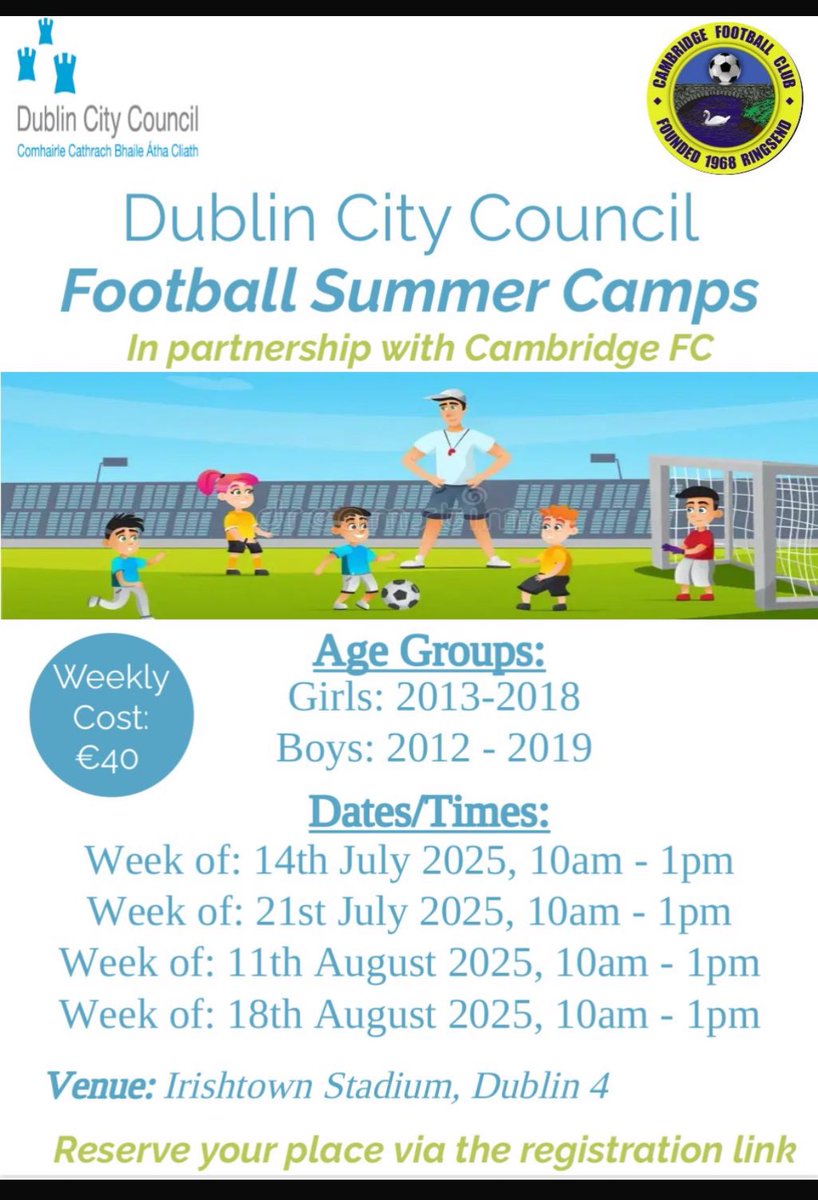 We are delighted to partner up with Dublin City Council with this years Soccer Summer Camps. Places are limited. Details and Registration link below.

cambridgefc.clubzap.com/pages/summer-c…