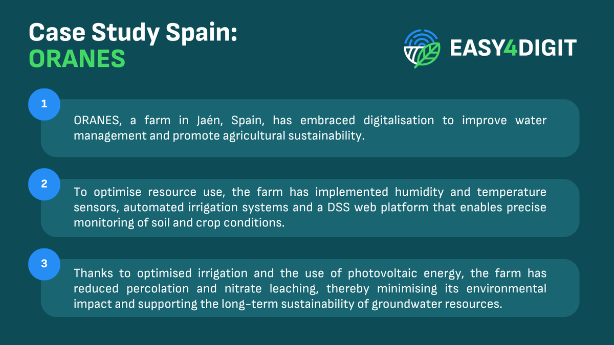 🇪🇸In Jaén, Spain, Carlos R. Gómez is using sensors, automated irrigation and a decision support system (DSS) platform to transform his 16-hectare farm, optimise water use and boost sustainability

Explore this #DigitalAgriculture story &amp; more 👉portal.easy4digit.com #EASY4DIGIT