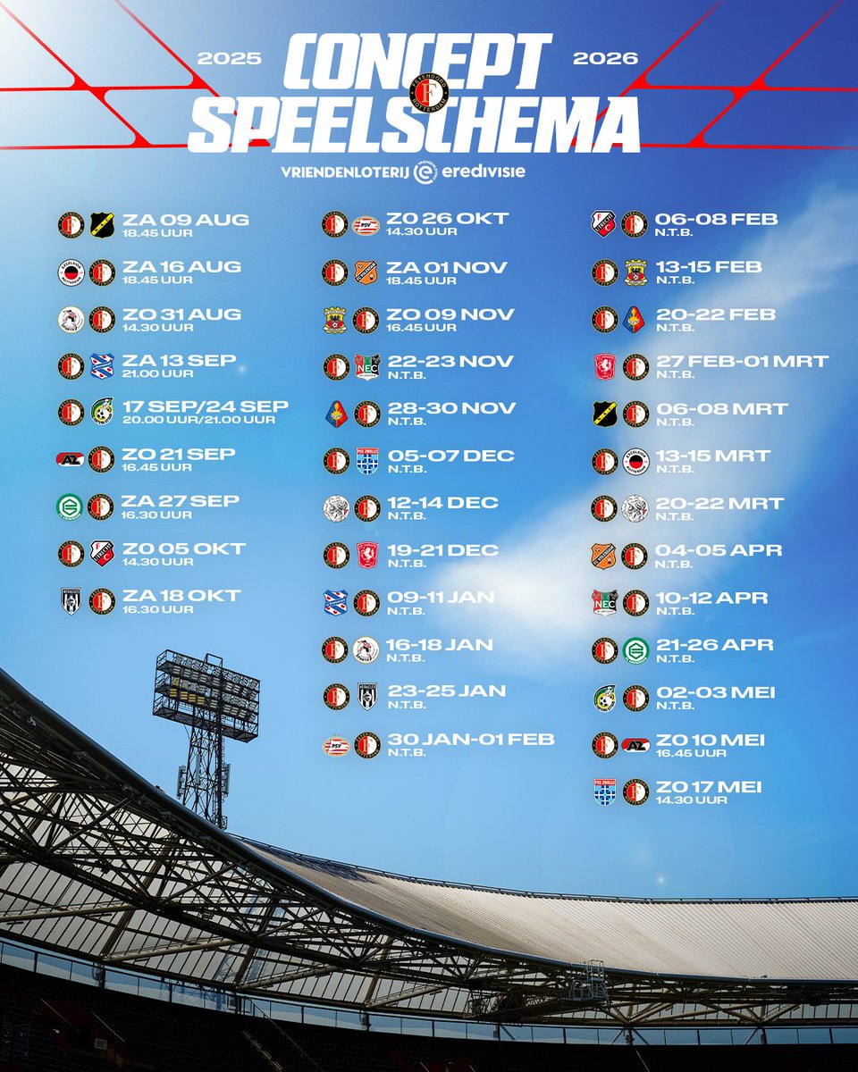 🗓️ Feyenoord’s fixtures for the new <a href="/eredivisie/">Eredivisie</a> season.