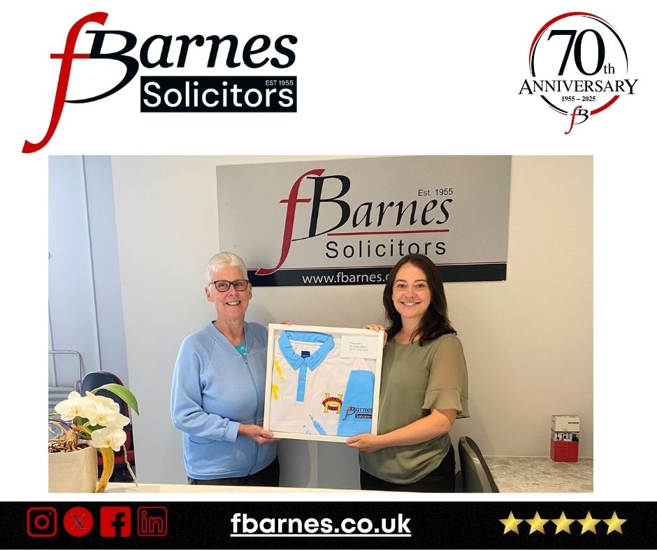 Thank you to Sue from HIBC for coming to our Romford office to present Joanne Cook our Probate, LPA and Wills specialist, with a framed sponsored shirt. All HIBC members receive discounted legal fees #keepitlocal
Joanne.cook@fbarnes.co.uk  T: 01708 745183
#FB70thAnniversary