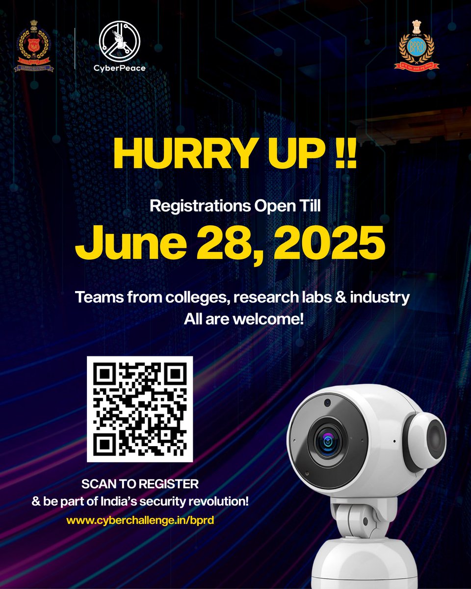 CyberPeace Foundation (@cyberpeacengo) on Twitter photo The CCTV Surveillance & Forensics Hackathon 2.0 by <a href="/BPRDIndia/">Bureau of Police Research & Development</a> and <a href="/NCRBHQ/">NCRB</a>, in collaboration with #CyberPeaceтШоя╕П, now open to BachelorтАЩs degree students too!
ЁЯТб Have an idea that could revolutionize digital forensics or surveillance? This is your time to shine.
тП│Hurry тАФ The CCTV Surveillance & Forensics Hackathon 2.0 by <a href="/BPRDIndia/">Bureau of Police Research & Development</a> and <a href="/NCRBHQ/">NCRB</a>, in collaboration with #CyberPeaceтШоя╕П, now open to BachelorтАЩs degree students too!
ЁЯТб Have an idea that could revolutionize digital forensics or surveillance? This is your time to shine.
тП│Hurry тАФ