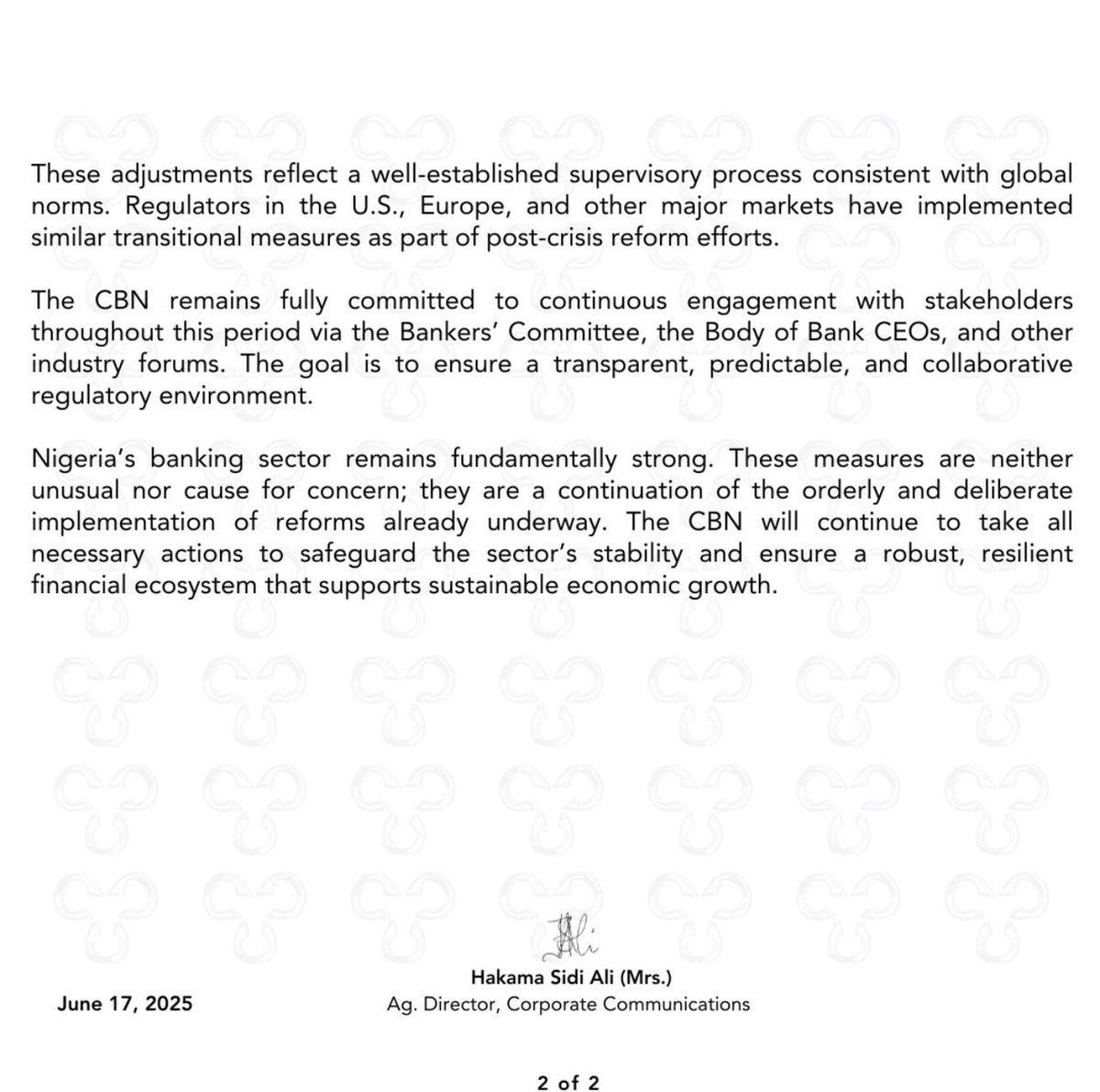 Press Release - CBN Affirms Strength of Banking Sector, Issues Routine Transitional Guidance for Select Institutions.

#PressRelease
#CBN