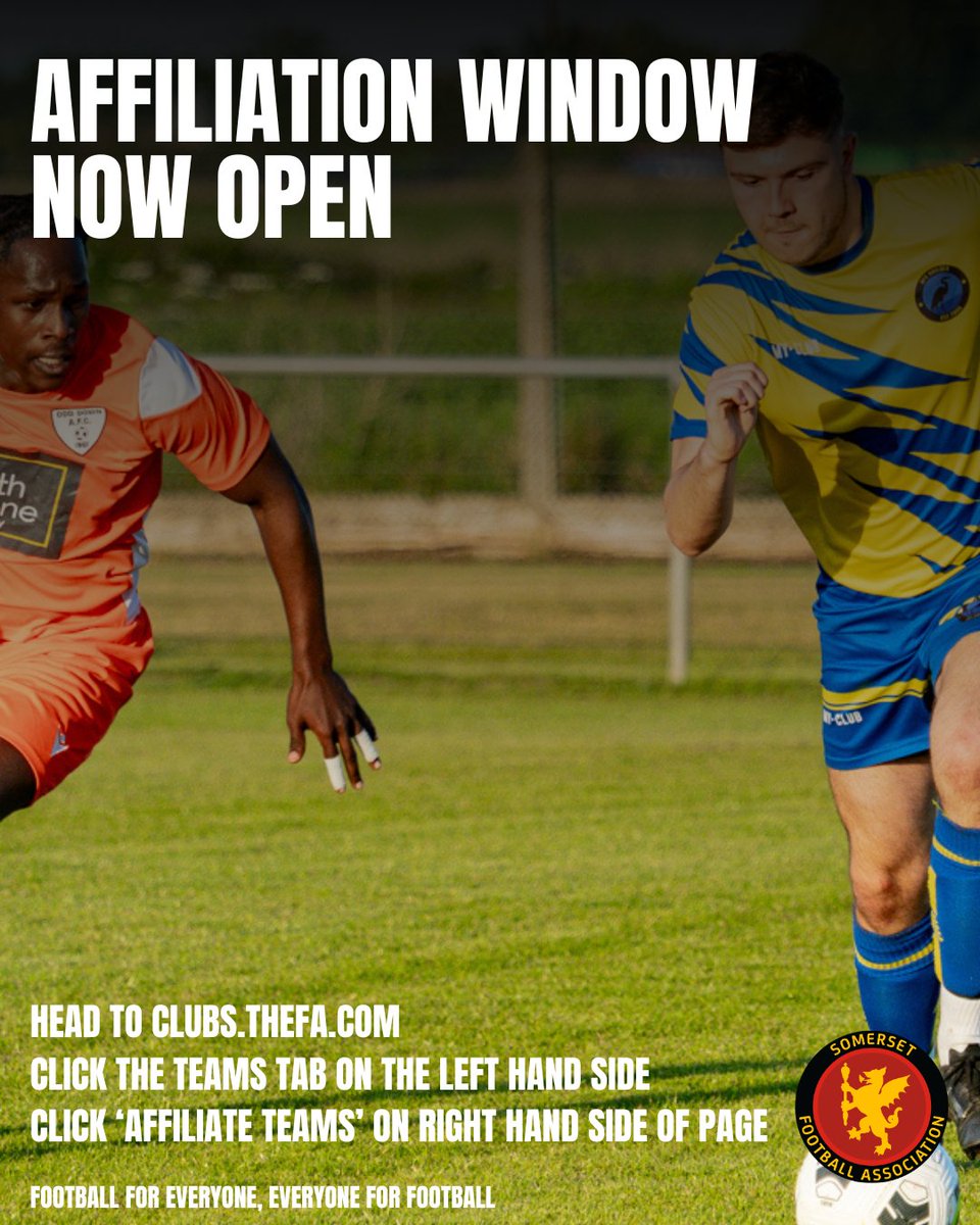 Somerset FA (@somersetfa) on Twitter photo The affiliation window for clubs is now open 🖥️
✅Step 1: Go to clubs.thefa.com
✅Step 2: Click the ‘Teams’ tab
✅Step 3: Click ‘Affiliate Teams’ and follow the steps
Need help? 📩 support@somersetfa.com The affiliation window for clubs is now open 🖥️
✅Step 1: Go to clubs.thefa.com
✅Step 2: Click the ‘Teams’ tab
✅Step 3: Click ‘Affiliate Teams’ and follow the steps
Need help? 📩 support@somersetfa.com