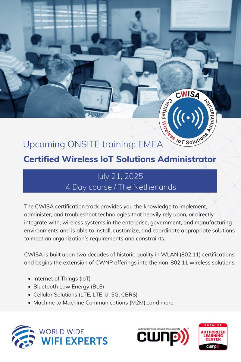 WWW_Experts's tweet image. @WWW_Experts to Deliver Onsite CWISA® training in The Netherlands – July 21, 2025

About CWISA®:
This entry-level certification is essential for professionals aiming to advance within the IoT track.

✉️ Contact to register or inquire: EMEA@worldwide-wifi-experts.com

#cwnp  #iot
