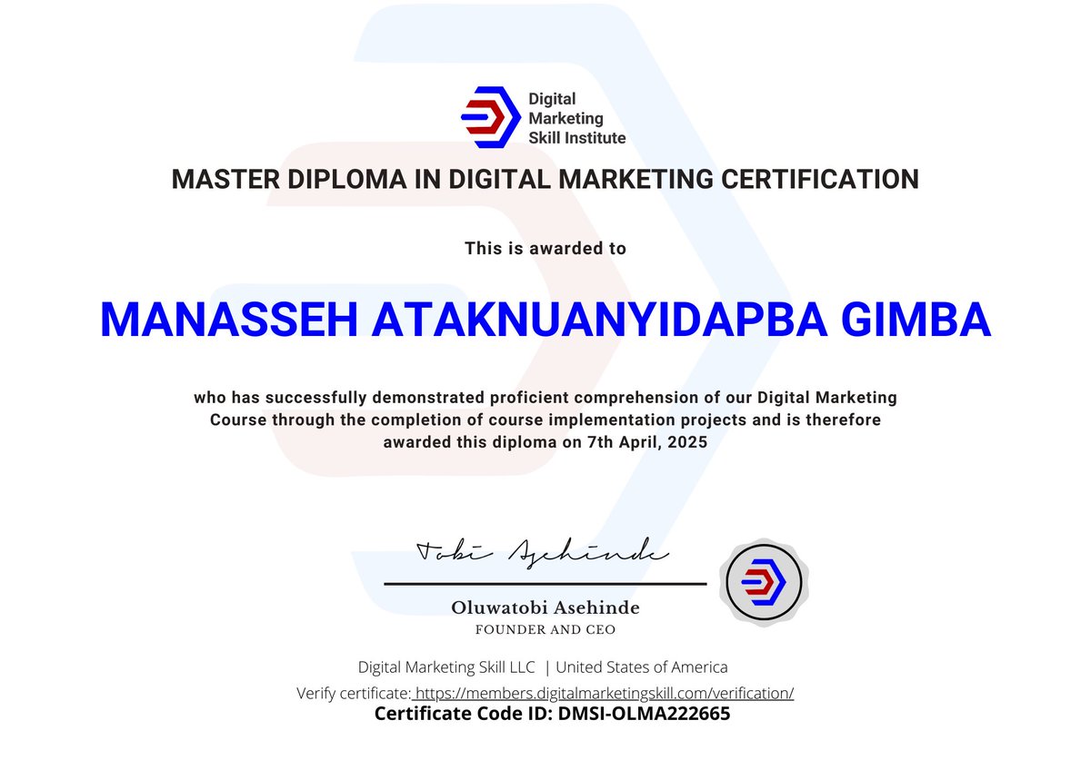 gimbamanasseh's tweet image. Certified & ready! Just wrapped up my Digital Marketing training with DMSI
Meta & Google Ads
SEO, Email Marketing, GA4
30% ROI on real campaigns
Let’s build websites & campaigns that convert.
#DigitalMarketing #WebDesign #SEO #googleads