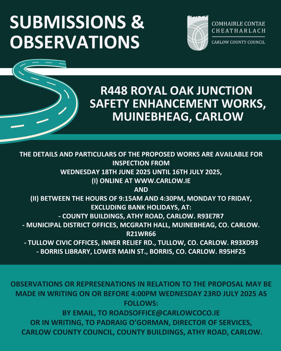 Carlow County Council intend to carry out Safety Enhancement Works to improve pedestrian and cycle facilities, including junction modification at the junction between the R448 (Former National Road) and the R724 (Royal Oak Road) in County Carlow.
Info carlow.ie