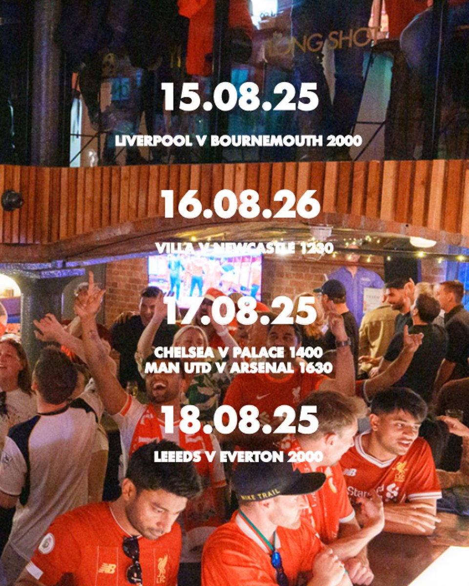 longshotbar's tweet photo. 🏆 The Fixtures Are Out! ⚽

Now, we’re not wishing the summer away…
…but the Premier League fixtures have just dropped, and bookings are OPEN for the new season! 👀

#PremierLeague #Liverpool #PLFixtures #MatchDay #LFC #EFC #OpeningWeekend #FootyAtTheBar https://t.co/u6omDLUzNg