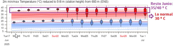 ¿Son normales estas temperaturas de finales de primavera? Rotundamente, no.

Apenas ha habido respiro, salvo 3 días (y fueron 'valores normales')

Y, de cumplirse las previsiones para el resto mes, éste JUN/25 se convertirá en uno de los JUNIOS más cálidos desde que hay datos