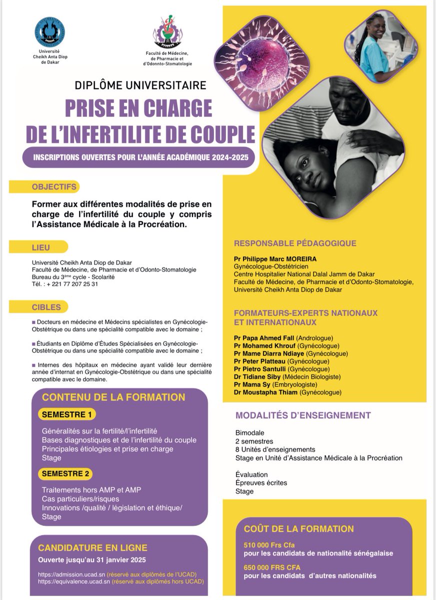 #INNOVATION

👩‍⚕️👨‍⚕️ La #FMPO_UCAD est fière d’accueillir la deuxième semaine du DU en Prise en Charge de l’Infertilité du Couple, du 16 au 20 juin 2025 à l’hôpital Dalal Jamm de Guédiawaye.

🌟 Une formation pionnière en Afrique francophone subsaharienne !

Notre première cohorte