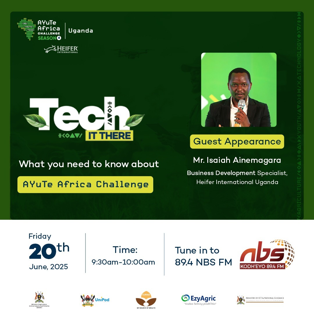 Tune in this Friday, 20th June 2025, from 9:30 AM – 10:00 AM on 89.4 NBS FM as Mr. Isaiah Ainemagara, Business Development Specialist at Heifer International Uganda, shares all you need to know about the AYuTe Africa Challenge.

Got a big idea in agri-tech or agribusiness? Submit